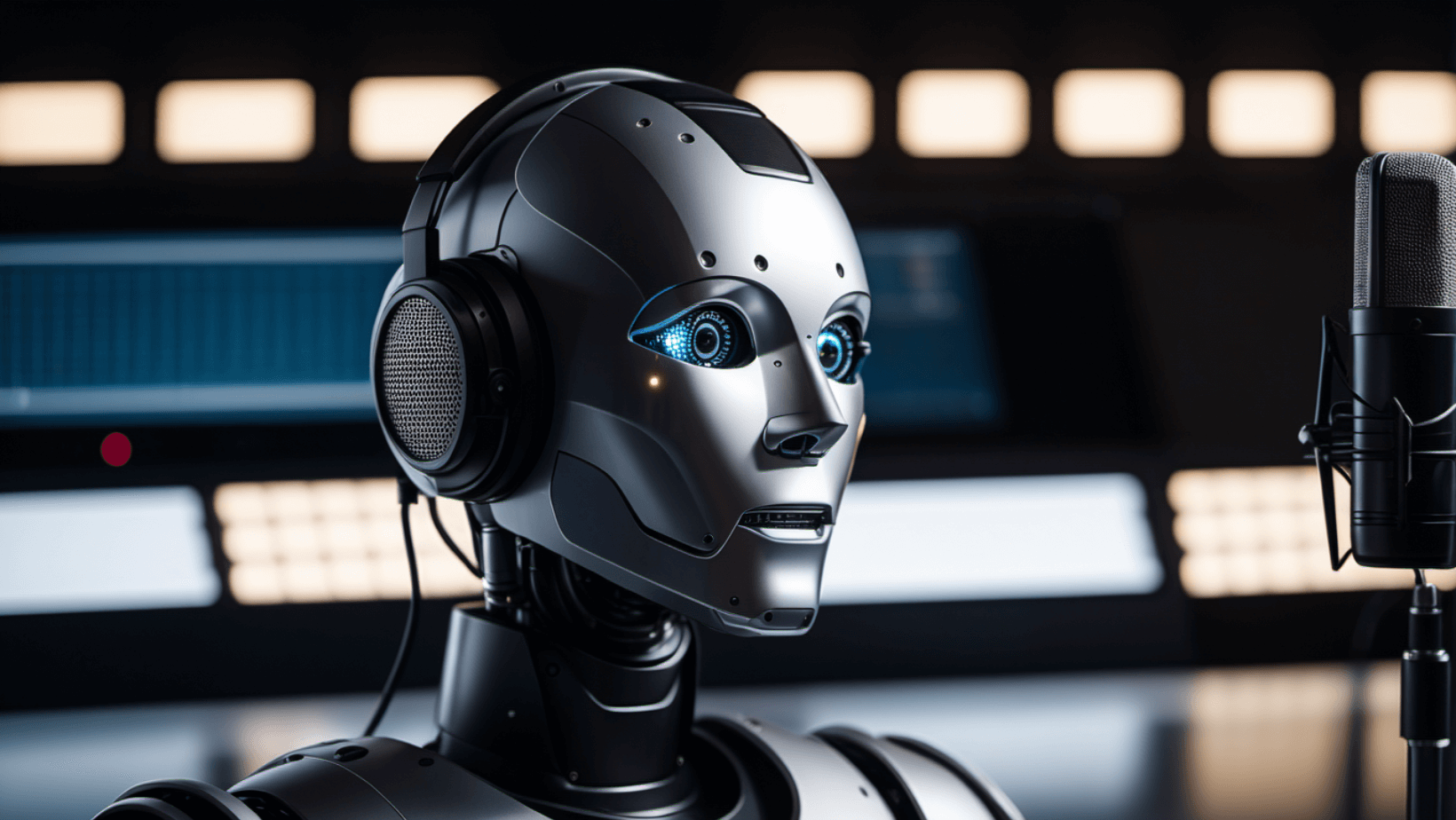 An image of a robot in a sound booth recording voiceover for e-learning